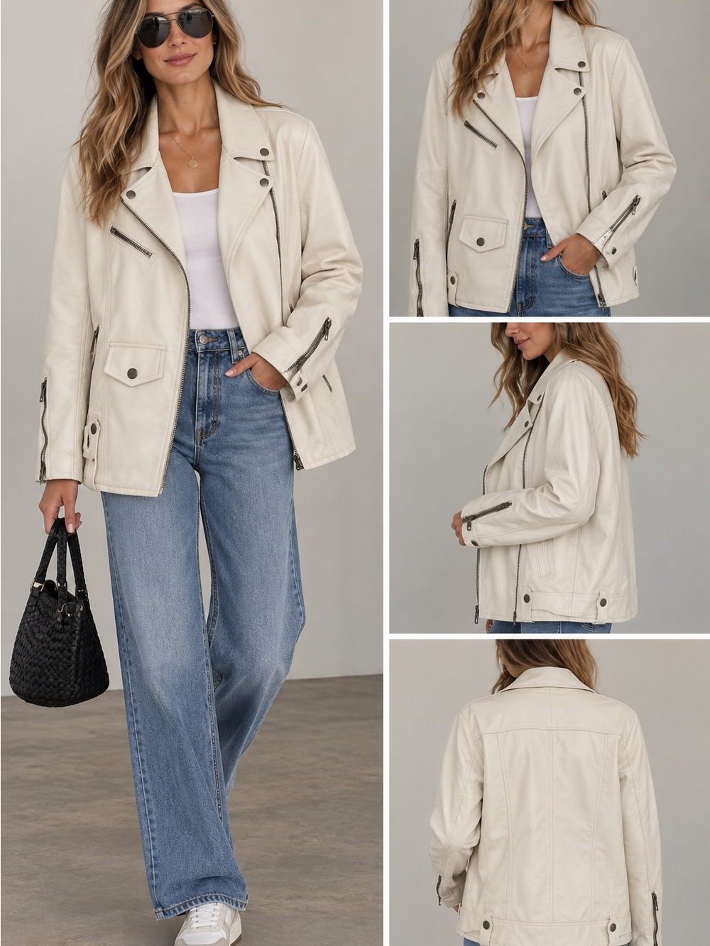 Olivaceous Cream Faux Leather Moto Jacket